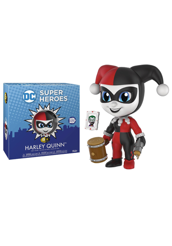 Stylised Harley Quinn figure in jester outfit holding wooden hammer and trick pistol, beside the Joker playing card.
