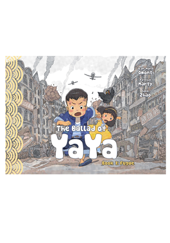A young boy pulls a girl through the ruins of a city as bomber planes fly overhead. Both have dark hair and eyes, and look scared but determined.