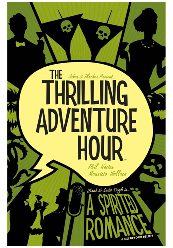 A speech bubble with a jagged tail splits up a variety of split panels, featuring dapper-dressed ladies and gentlemen, martinis, and monsters, all in black silhouetted against green.