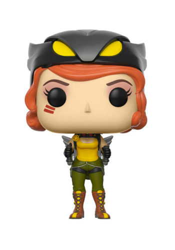 Stylised Hawkgirl figure wearing winged jetpack and mask pulled off, on head.