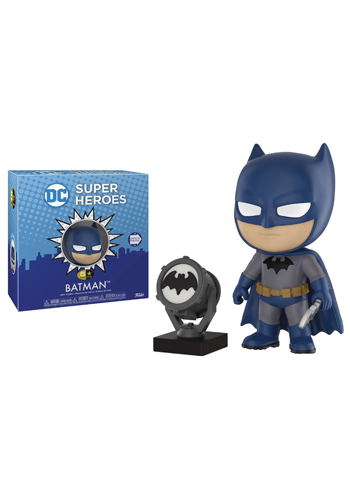Stylised Batman figure in blue and grey outfit holding weapon, beside black and grey bat signal device.