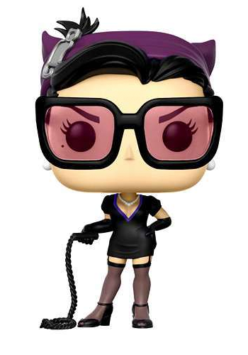 Stylised Catwoman figure wearing black dress, garters, glasses and heels, holding whip.