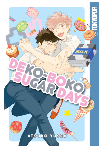 A teen boy with short spiky dark brown hair grabs another boy with chinlength peach hair around the waist and sweeps him off his feet. The dark-haired boy is frowning with concentration, reaching his free hand out to grab a carton of milk from amongst the pastries and macarons falling around them. The peach-haired boy has his arms around the other's shoulders, winking and smiling.