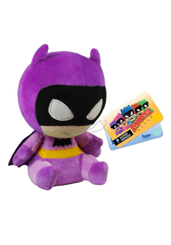 Stylised plush Batman wearing purple outfit and cape, with sad expression.