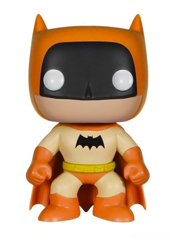 Stylised Pop Vinyl Batman wearing orange outfit and cape, with black mask and bat symbol and yellow belt.
