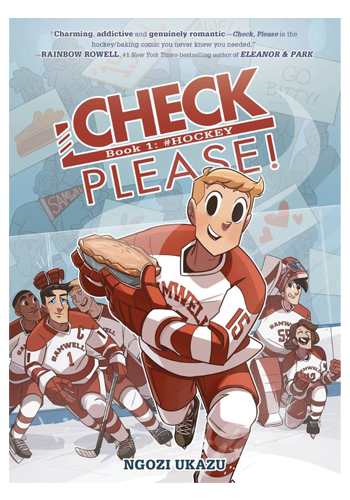 A young man with big eyes and short blond hair skates forwards in a red and white hockey uniform, holding a pie in his hands. Behind him, the rest of his team skate across the rink.