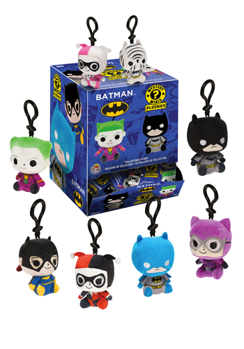 Stylised mini plushes of various Batman characters, with black keychain loops.