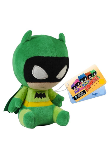 Stylised plush Batman wearing green outfit and cape, with sad expression.