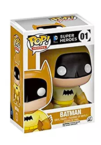Stylised Pop Vinyl Batman wearing yellow outfit and cape, with black mask and bat symbol and yellow belt. 