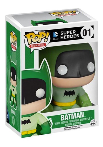 Stylised Pop Vinyl Batman wearing green outfit and cape, with black mask and bat symbol and yellow belt.