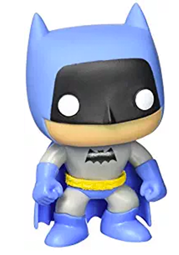 Stylised Pop Vinyl Batman wearing blue outfit and cape, with black mask and bat symbol and yellow belt.
