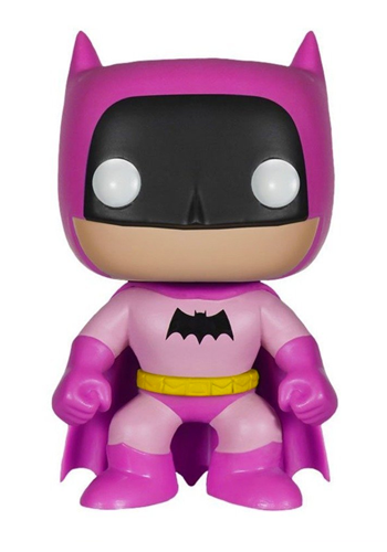 Stylised Pop Vinyl Batman wearing pink outfit and cape, with black mask and bat symbol and yellow belt.