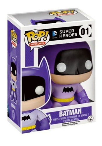 Stylised Pop Vinyl Batman wearing purple outfit and cape, with black mask and bat symbol and yellow belt.