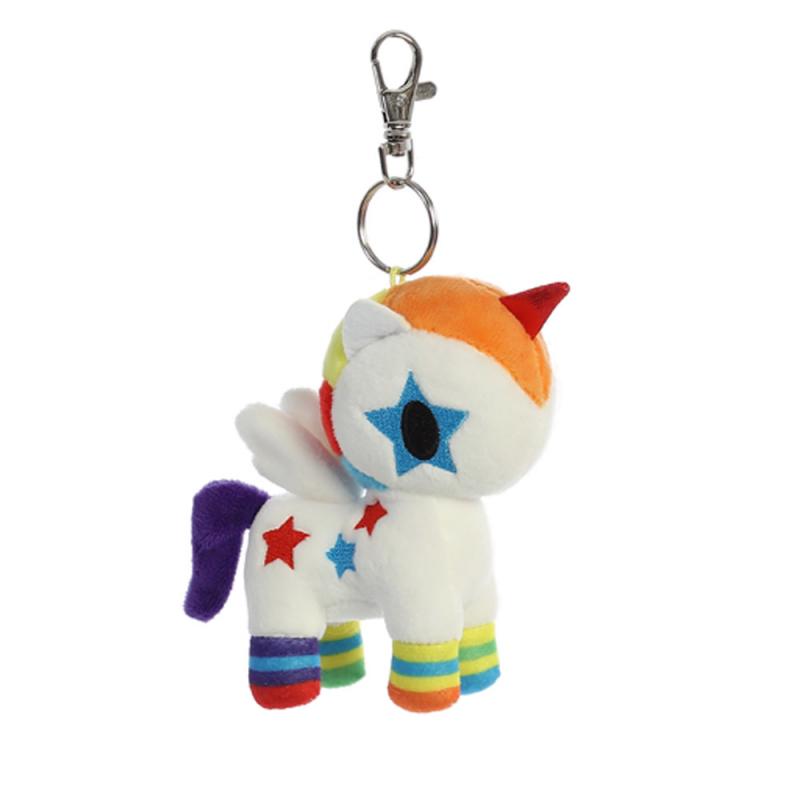 A keychain featuring a plush winged unicorn in white, with a multicoloured mane and tail, a red horn, and a star design on the side and over its eye.