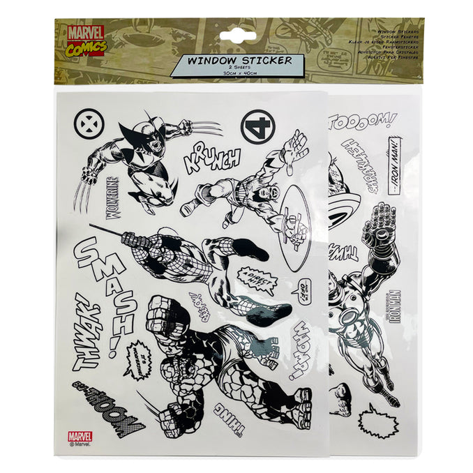 A set of black and white window stickers, featuring marvel characters such as Wolverine and Spider-Man.